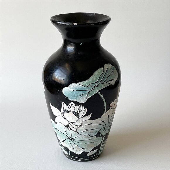 Vintage Hand Painted Floral Ceramic Vase Art Décor Oriental Chinoiserie - Picture 2 of 5